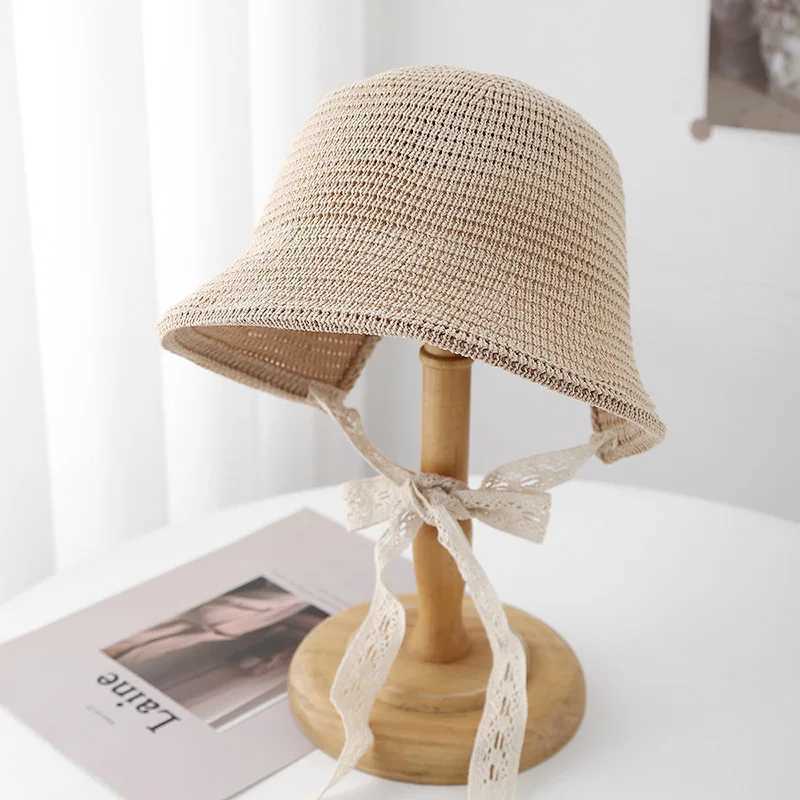 Japanese Minimalist Knit Bucket Hat For Women Wide Brim Sun Hat With Ribbon Beach Cap For Outdoor Travel City Casual Sunhat New Y250707