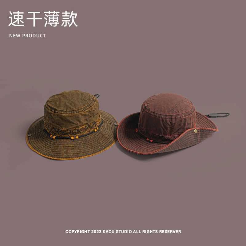 Japanese Retro Old Craft Drawstring Bucket Hats for Women Summer Outdoor Camping Sun Protection Mesh Breathable Hiking Caps for Men Y250707