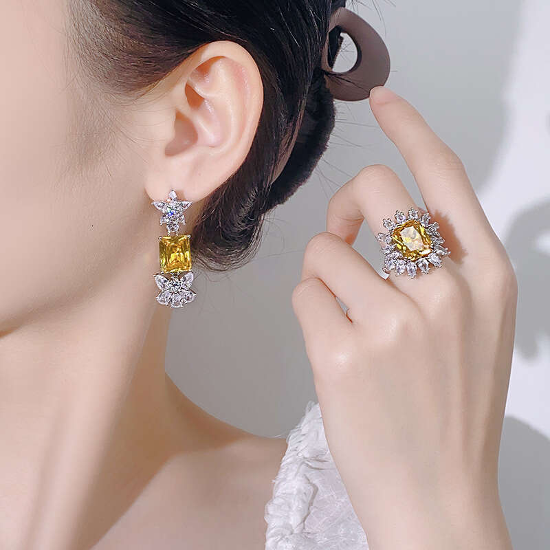 New Jewelry Set Ring Earrings Rectangular Dia Gemstone Fashion High-End Women's Style 81E