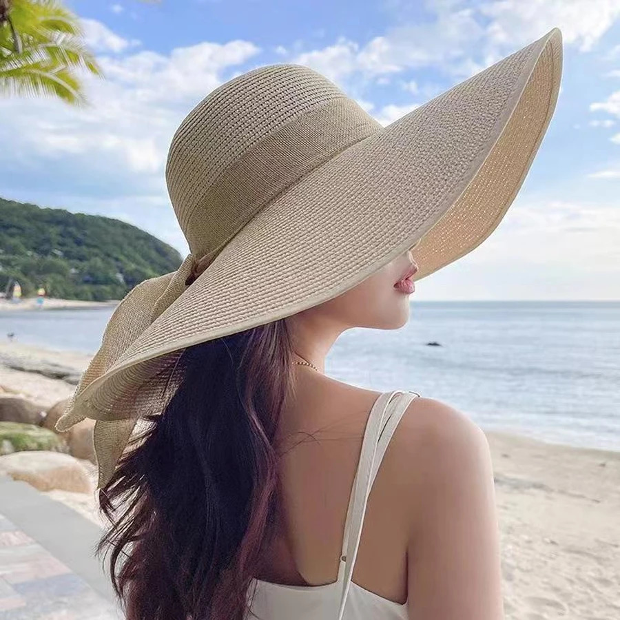 Ladies hats spring and summer styles large brimmed straw UV resistant sun foldable bow shaped hats 250707