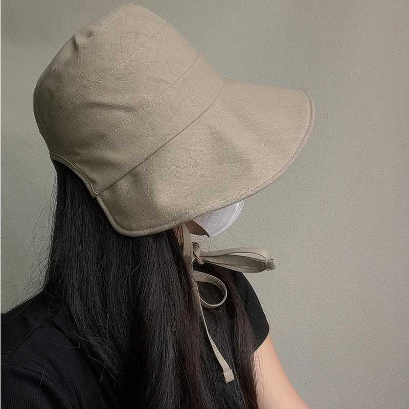 Japanese Cotton Hemp Strap Fisherman Hat Large Brim Summer Light Thin Breathable Sunshade Cap Korean Edition Lolita Bucket Hat Y250707