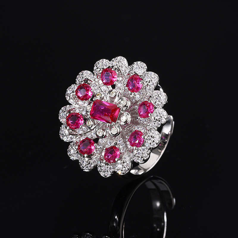 Autumn Winter New Jewelry Set Imitation Red Corundum Flower Shape High-End Light Necklace Ring Bracelet Women's Accessories D79