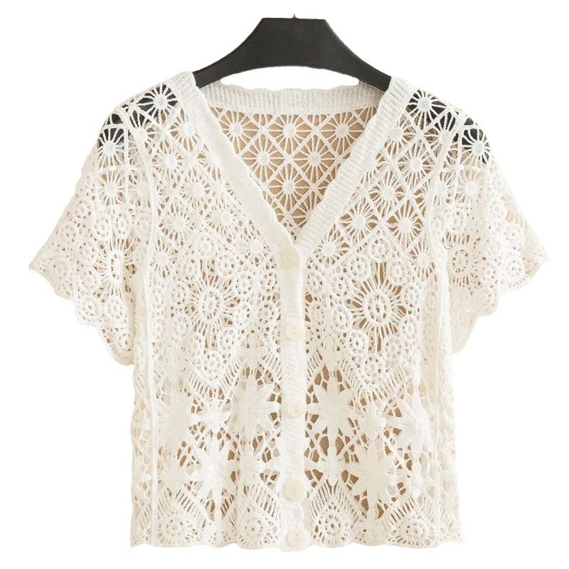2025 Summer New Women's T-shirt Summer Short Lace Hollow Knitted V-neck Short Sleeve Cardigan Wool Sweater New Designer T-shirt