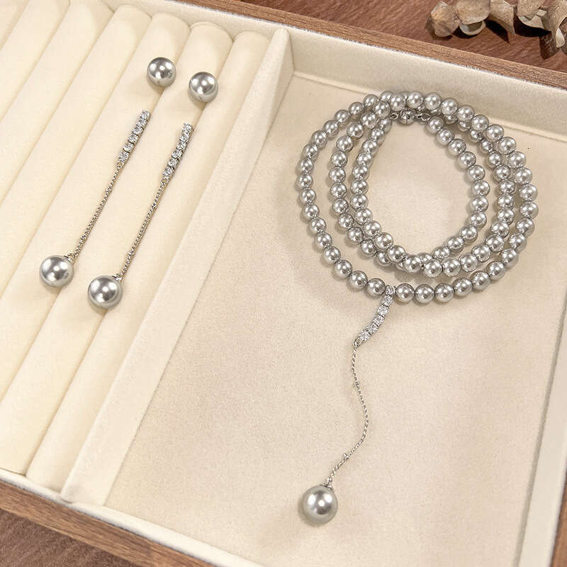 Straight S Sier Needle Imitation Pearl Set Necklace And Earrings For Women Versatile Elegant High-End Feel 684