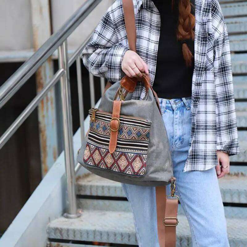 OLOEY Johnature 2025 New Denim Multipurpose Shoulder Bag Versatile Large Capacity Canvas Geometric Printed Women Crossbody Bags