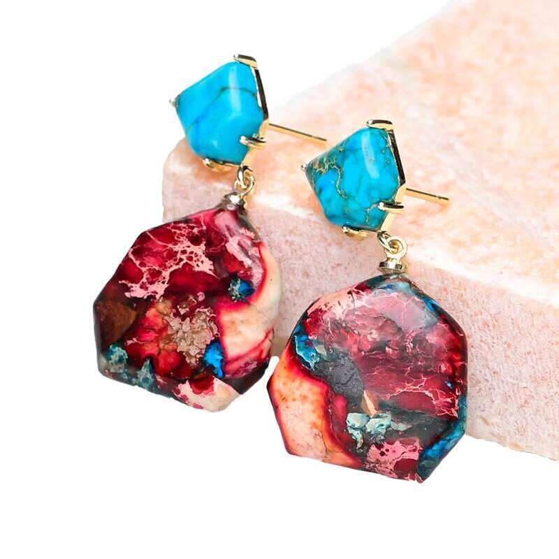 Charming Geometric Shape Colorful Natural Spiritual Jasper Stone Earrings