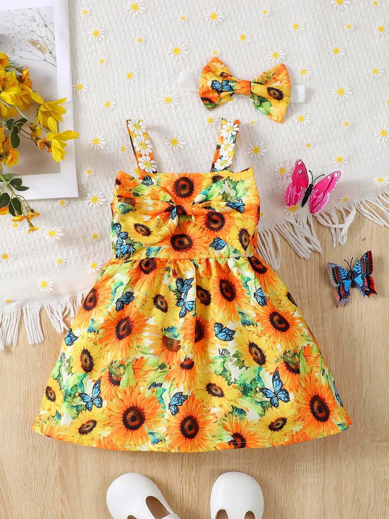 Baby Girl Summer Fashion Vacation Romantic Sunflower Flower Lace Suspender Big Bow Dress R250707