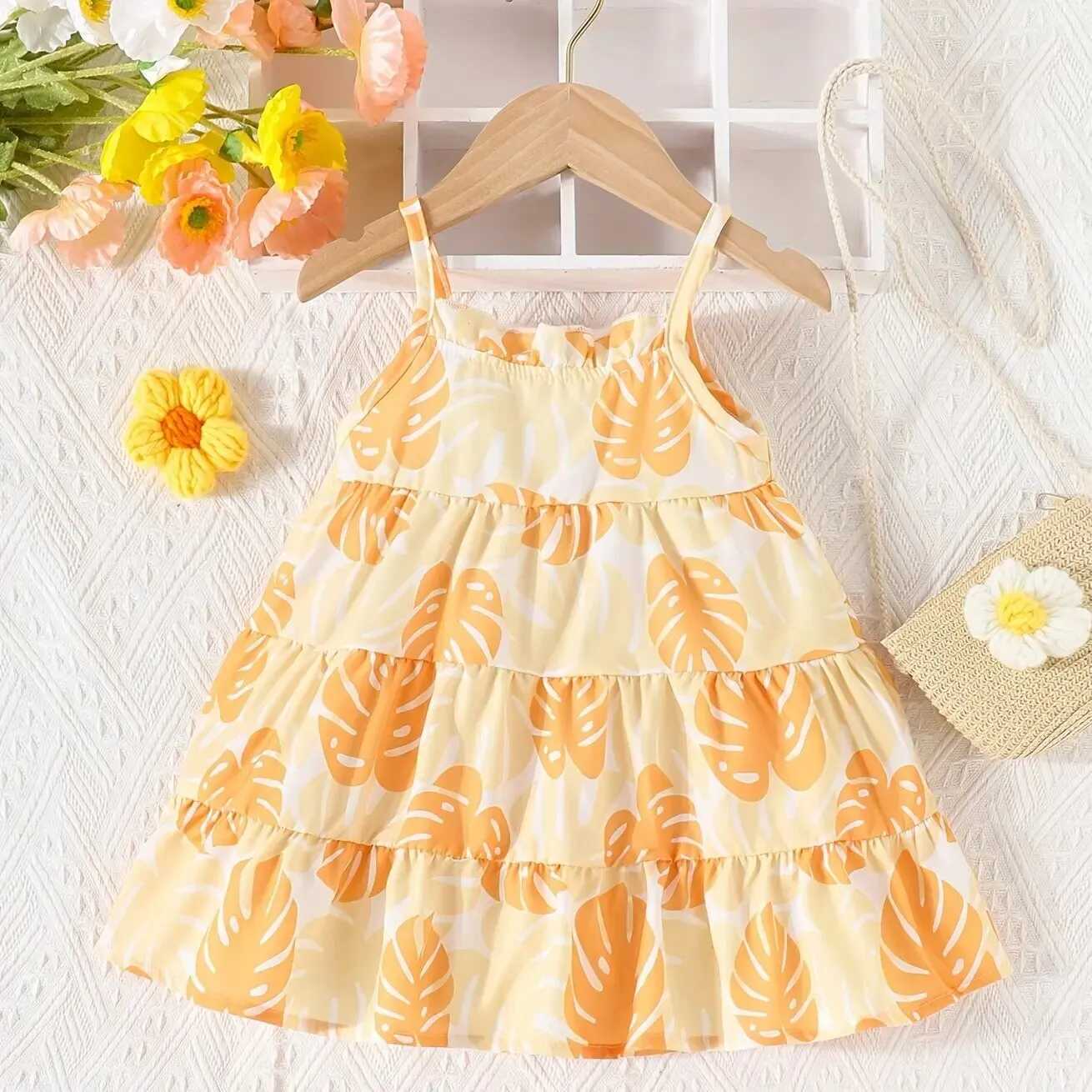 Summer Travel Holiday Dress Cute Baby Girl Beach Holiday Dress Girl Halter Vest Leaf Pattern Cake Dress R250707