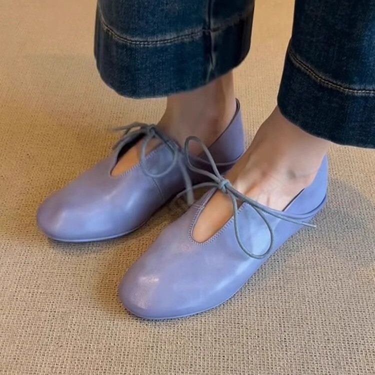 Soft Leather Flat Slip-On Two-Way Wear Women's Spring Summer New Lace-Up Hollow Round Designer Toe Shoes