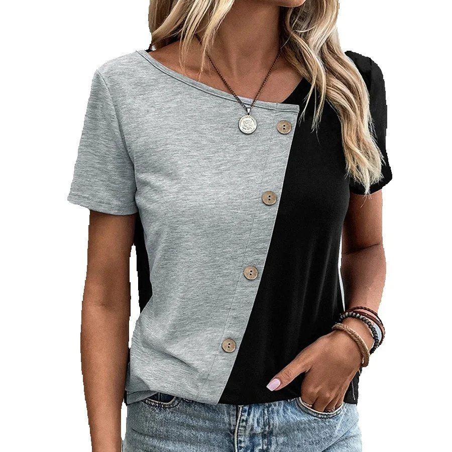 2025 Summer new women's T-shirt new loose casual fashion T-shirt color blocked asymmetrical collar short sleeved top women's new designer T-