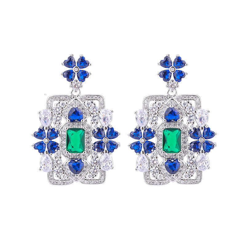 Court Style High-End Blue Heart Flower Square Stud For Women Micro-Inlaid Zircon Drop Earrings Fcd