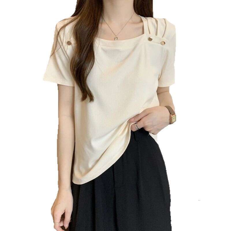 Plus Size Tummy Regular Shoulder Square Neck Short Sleeve Summer Cotton Slightly Korean Version Slimming Covering Fat Top Women Wholesale B5