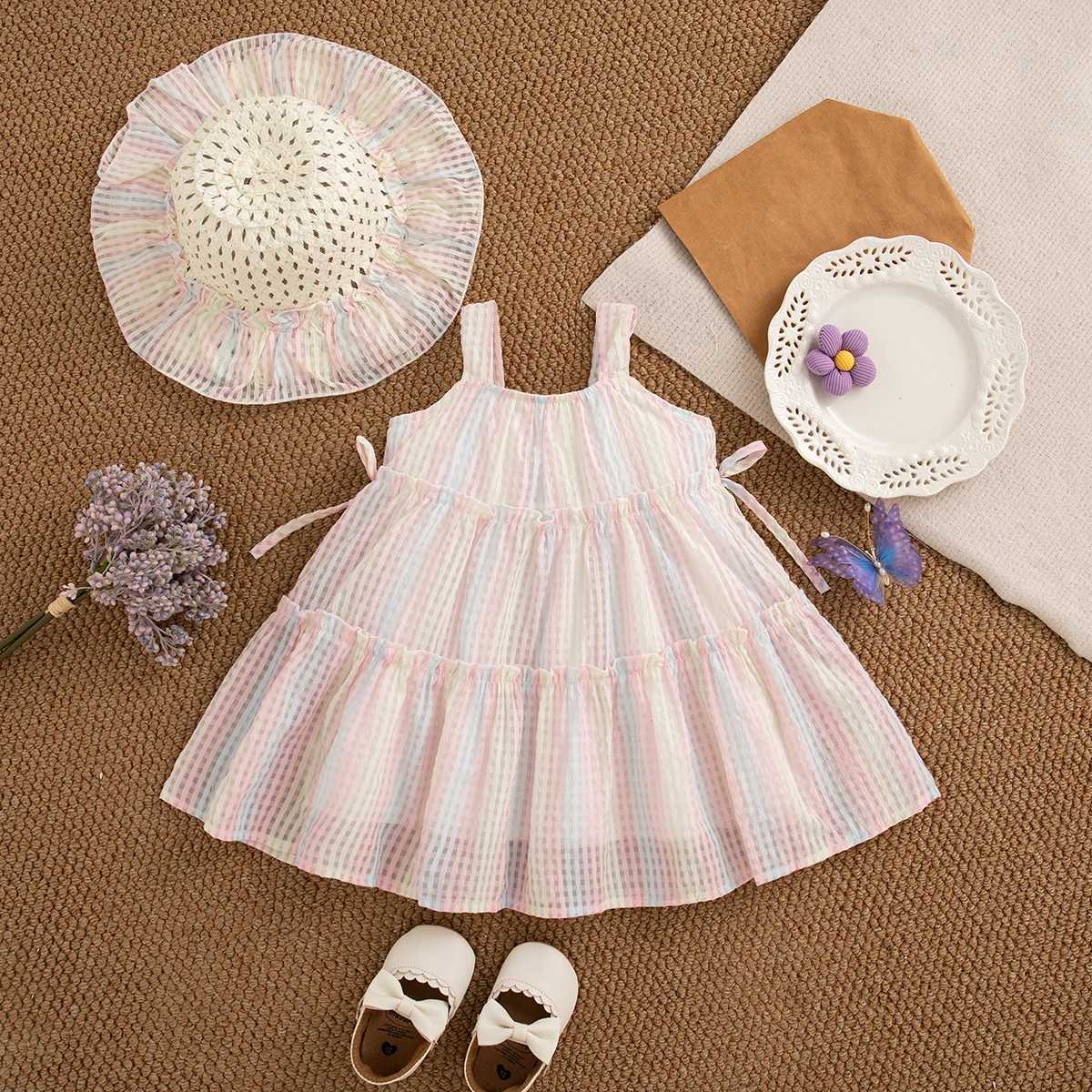 Girl Pink Dress Bow Colorful Plaid Print Suspender Girl Princess Dress Summer Beach Vacation Costume with Hat R250707