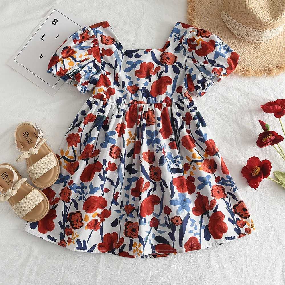 Bear Leader Girl Summer Dress Outfits 2023 New Girls Floral Princess Dress Backless Tie Bow Puff Sleeve Fashion Dress for Ages 3-11 R250707