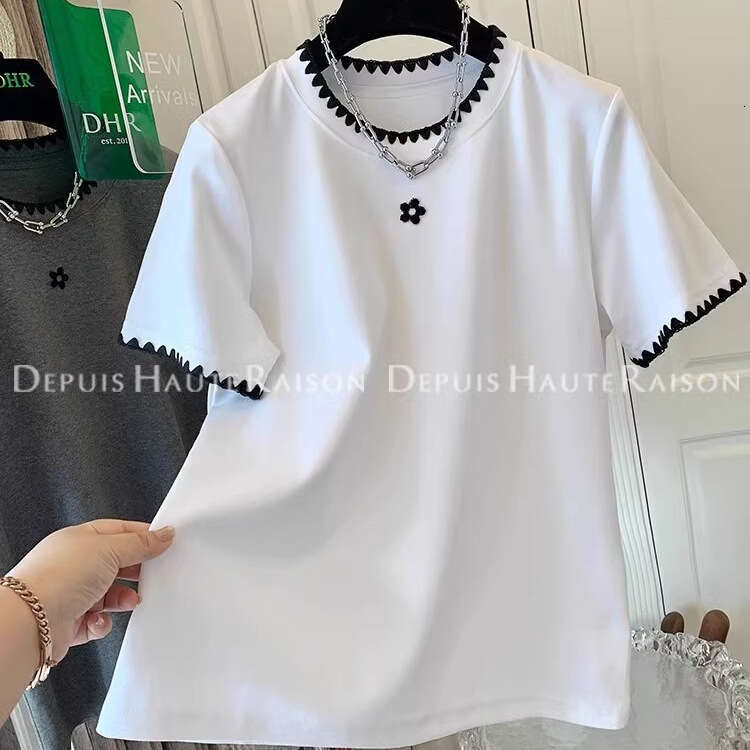 Korean Style Embroidered White Short T-Shirt For Women Summer Regular Shoulder Half Sleeve Slimming Belly Covering Top Trendy Pure Cotton B5