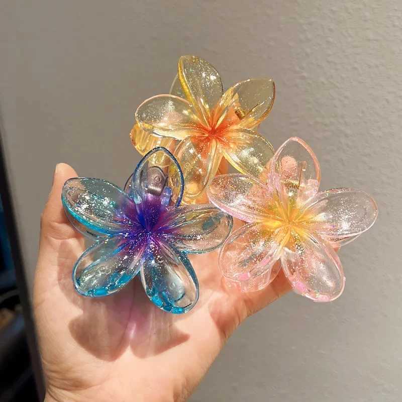 New Fashion Sparkling Flower Claw Clip for Women Transparent Sweet Ponytail Shark Clip Versatile Girl Hair Accessories Y250707