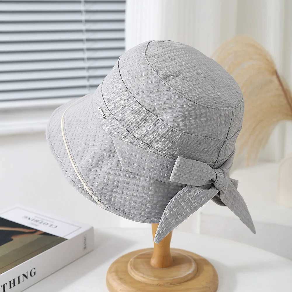 Womens Bucket Hat Korean Style Retro Lady Fashion Cloth Bow Foldable Sunscreen Summer Hats For Women Trendy Fisherman Cap New Y250707
