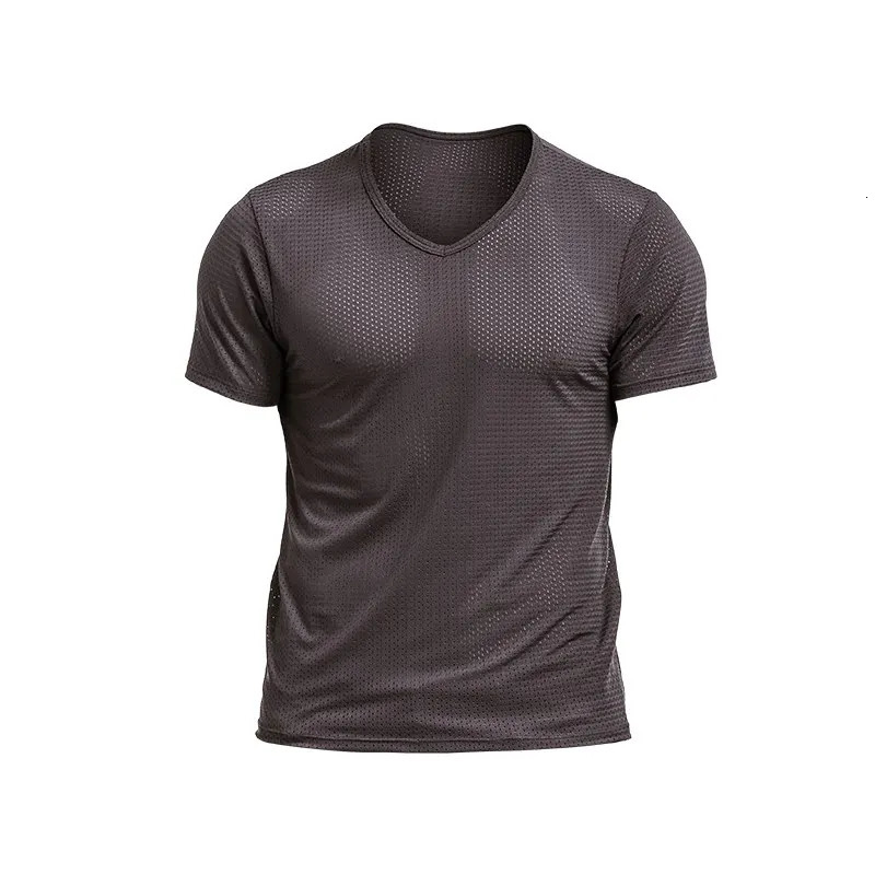 Ice mesh eye T-shirt Mens mesh breathable mesh hollow sports fitness summer quick dry loose V-neck mesh short sleeve 250617