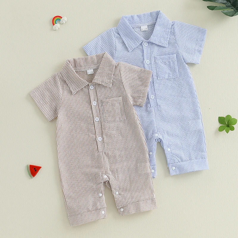 0-18M Summer born Baby Boys Casual Rompers Clothing Striped Print Pocket Turn-down Collar Button Jumpsuits Playsuits 250707
