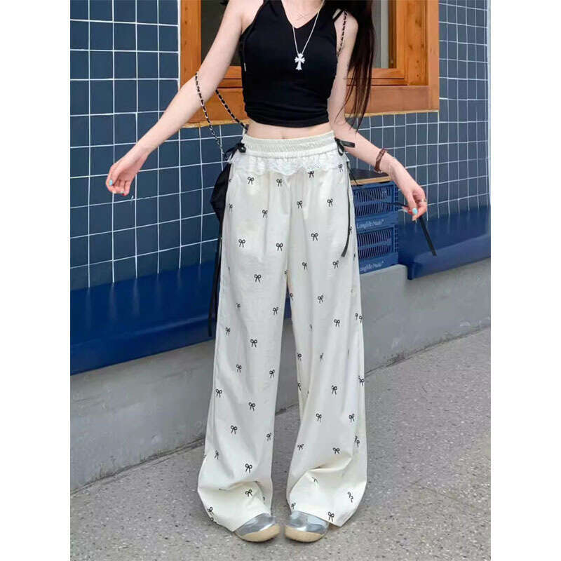 American Sweet Bow Lace Patchwork Casual For Women Summer Autumn New High Waist Loose Slimming Wide Leg Pants B5