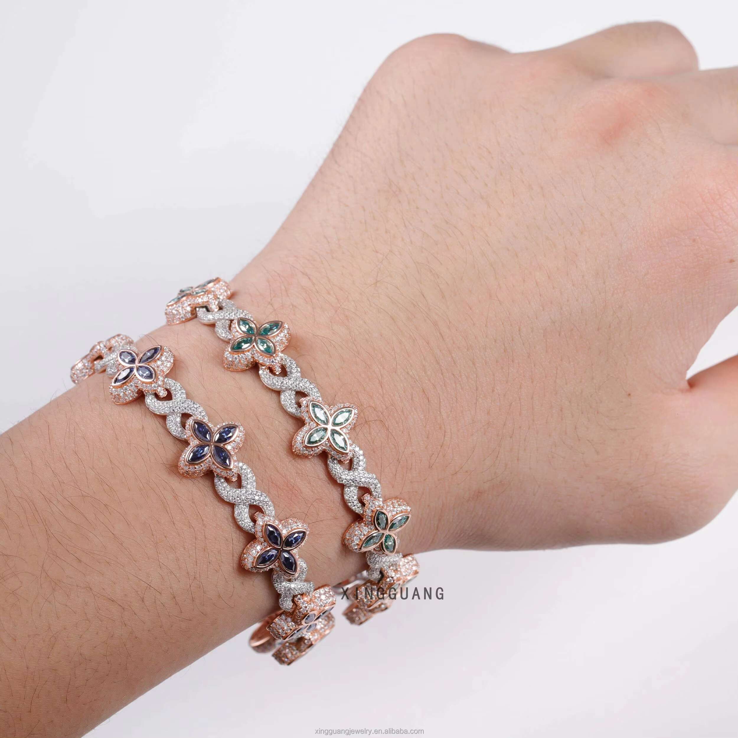 New Fashion Four Leaf Clover Bracelet 925 Sterling Silver Colored Marquise Moissanite Infinity Link Clover Cuban Bracelet