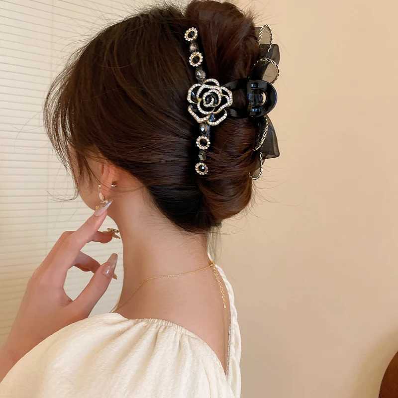 Black Double Rhinestones Camellia Bow Net Shark Hair Claw Clips for Women Fashion Temperament Exquisite Accessories Wholesale Z250707