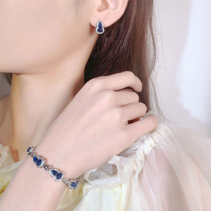 Huayoumei S Sier Needle Tiktok Style Imitation Royal Blue Color Treasure Gourd Bracelet And Earring Set For Women 6Ef
