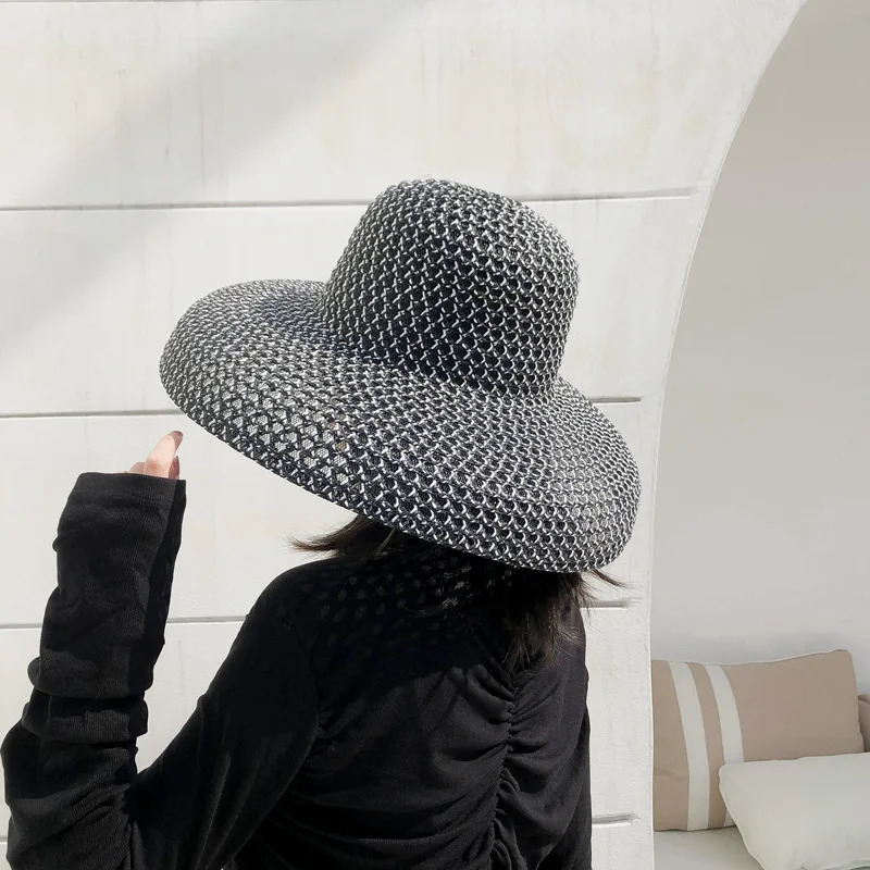 Summer PP Black and White Straw Hat Sun Sunscreen Holiday Seaside Beach Big Brim Hat 250707