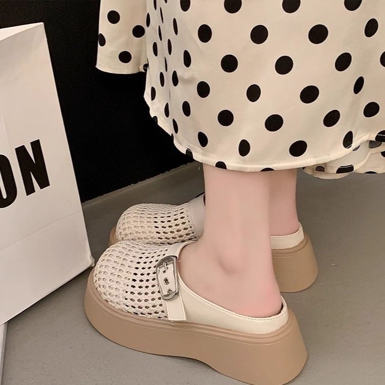 2025 Summer New Designer Style Woven Closed-Toe Slippers for Women, Slip-On Thick-Soled Hollow Out Sandals