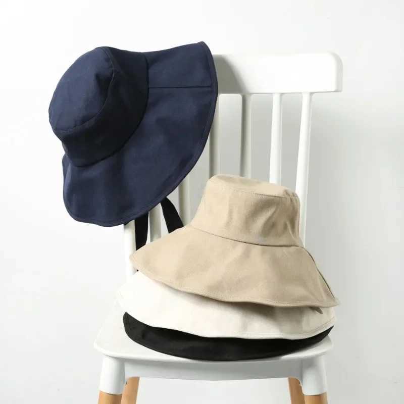 Summer Spring Japan Tie Bucket Hat Women Korean Big Brim Fisherman Hat Foldable Sunscreen Chic Cotton Linen Beach Sun Hat Y250707