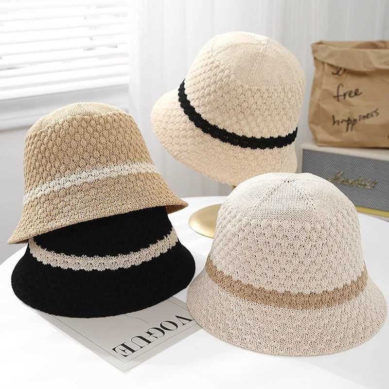 Womens Knit Bucket Hat Hollow Weave Sun Protection Fisherman Cap Retro Beach/travel/urban Summer Sun Hat Breathable Sunshade Y250707