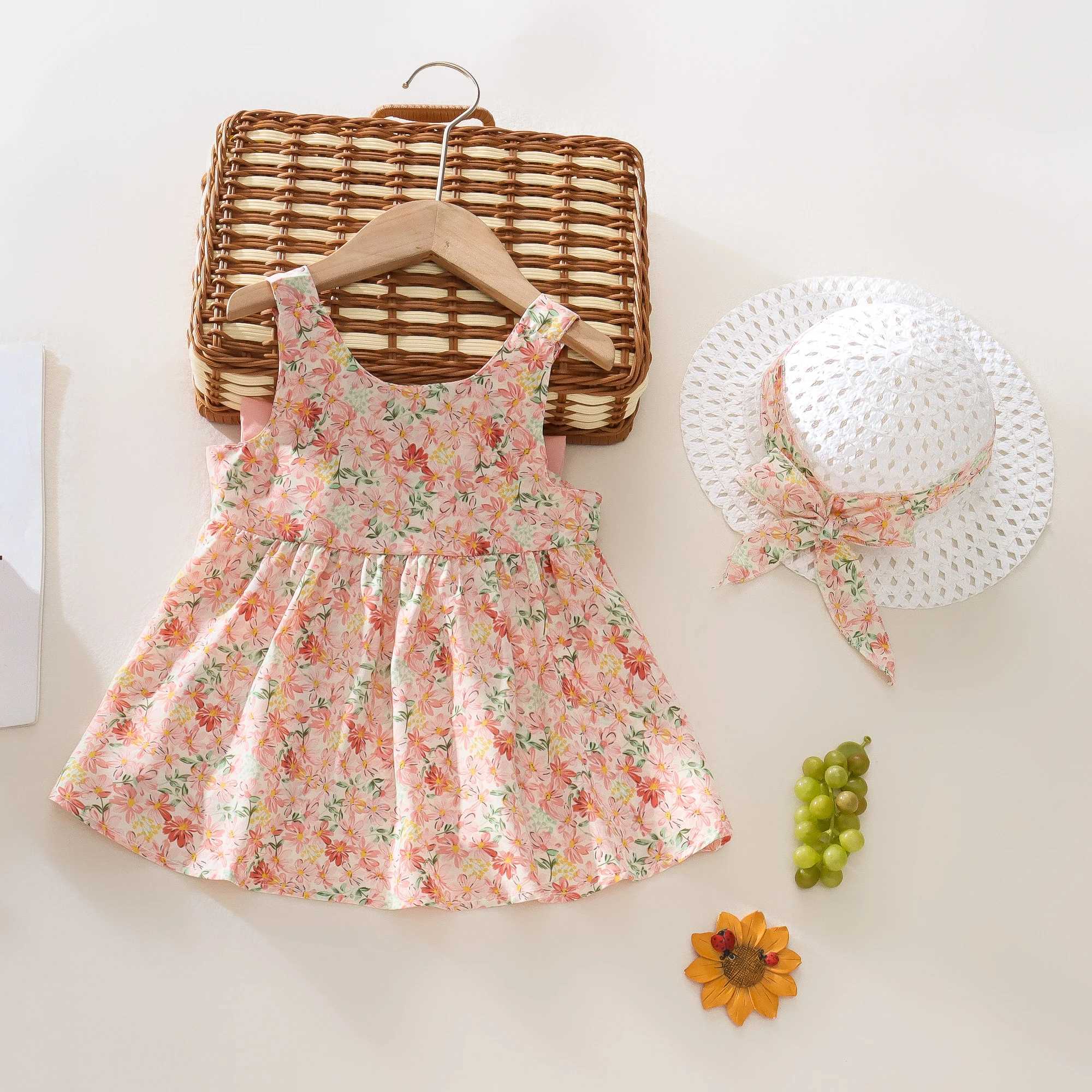 Summer 2-Piece Baby Dress+Sun Hat Bow Strap Floral Baby Girl Dress Soft And Comfortable ChildrenS Clothing R250707