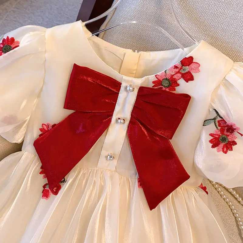 Humor Bear Girls Clothing Puff Sleeves Gauzy Dress Bow Tie Decoration Princess Dress Casual Children Costume R250707