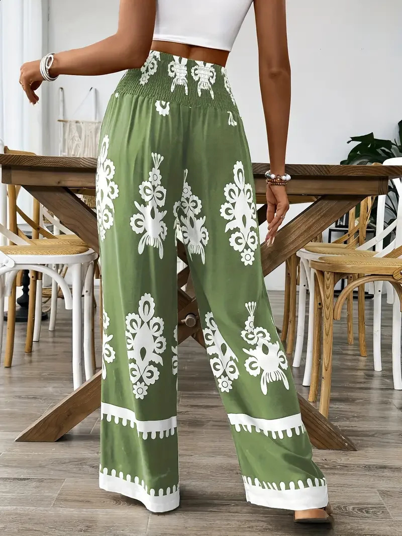 Plus Size 1XL5XL Women Fashion Floral Print Wide Leg Pants Female Casual Elegant Drawstring High Waisted Loose Long Trousers 250628