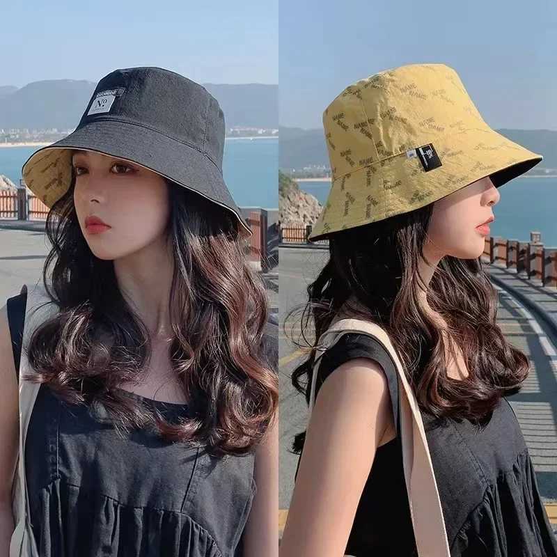 Double-sided Wear Women Bucket Hat Korean Fashion Letter Print Fisherman Hats For Girl Summer Outdoor Beach Basin Cap Y250707