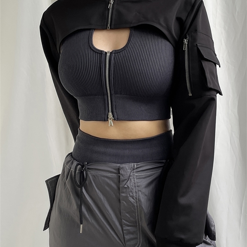 Zip Up Stand Collar Long Sleeve Black Cropped Jackets Women Pocket Safari Style Streetwear 250703