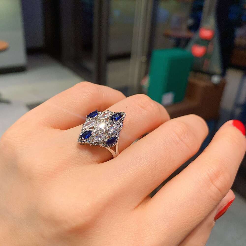 Huayoumei Colorful High Carbon Dia Necklace Ring Three-Piece Set Zircon Pendant Blue Corundum Stud Earrings 97B