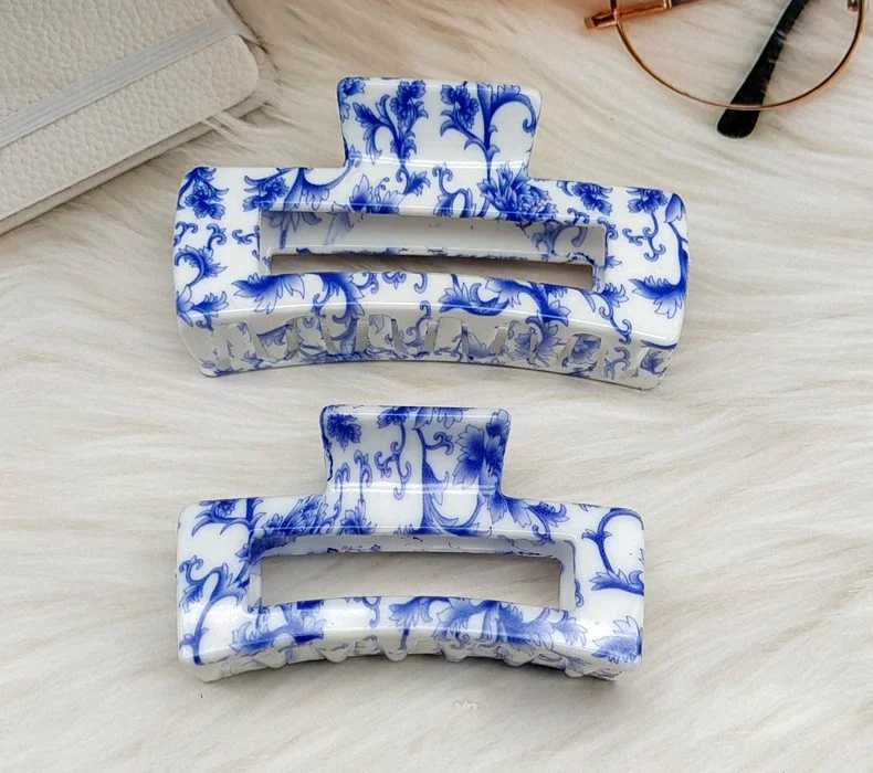 New Vintage Blue And White Porcelain Big Hair Claw Clip Headdress Hairpin Female Crab Hair Ponytail Clip Chinese Style Hair Accessory Y250707