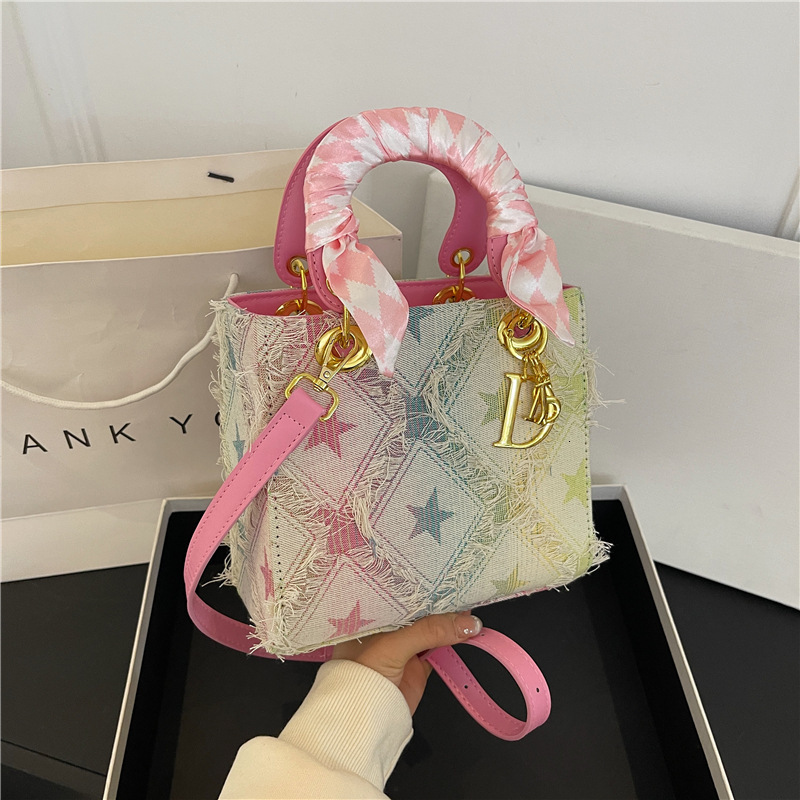 Designer 2025 New Small Chanel Style Denim Fabric Star Diamond Gift Waiting Handbag Shoulder Light Luxury Women's Bag