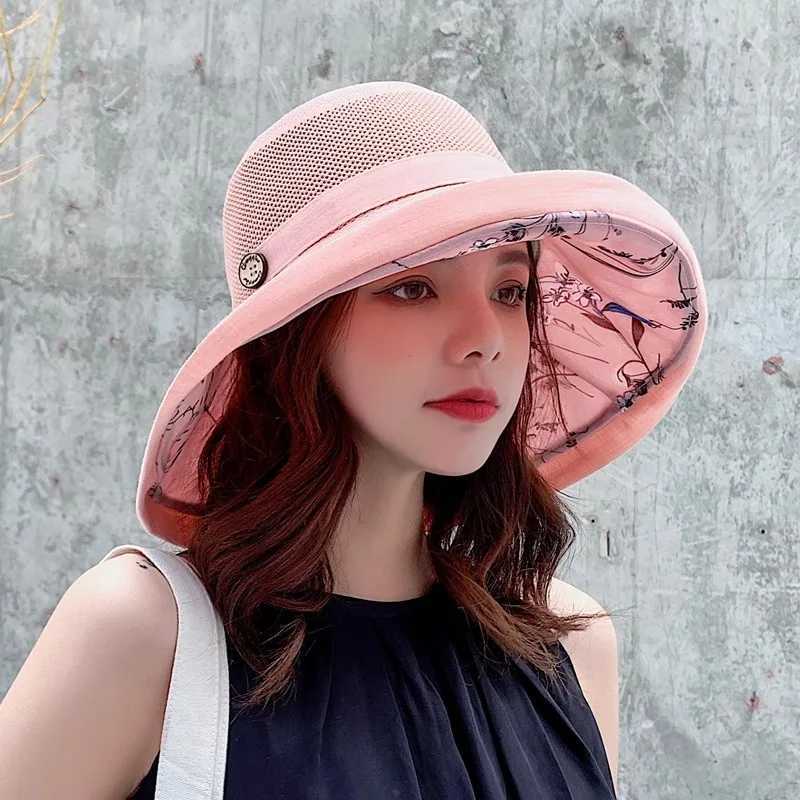 Summer Womens Double-sided Bucket Hat Korean Version Mesh Pattern Button Bucket Hat Outdoor Sunscreen Hat Y250707