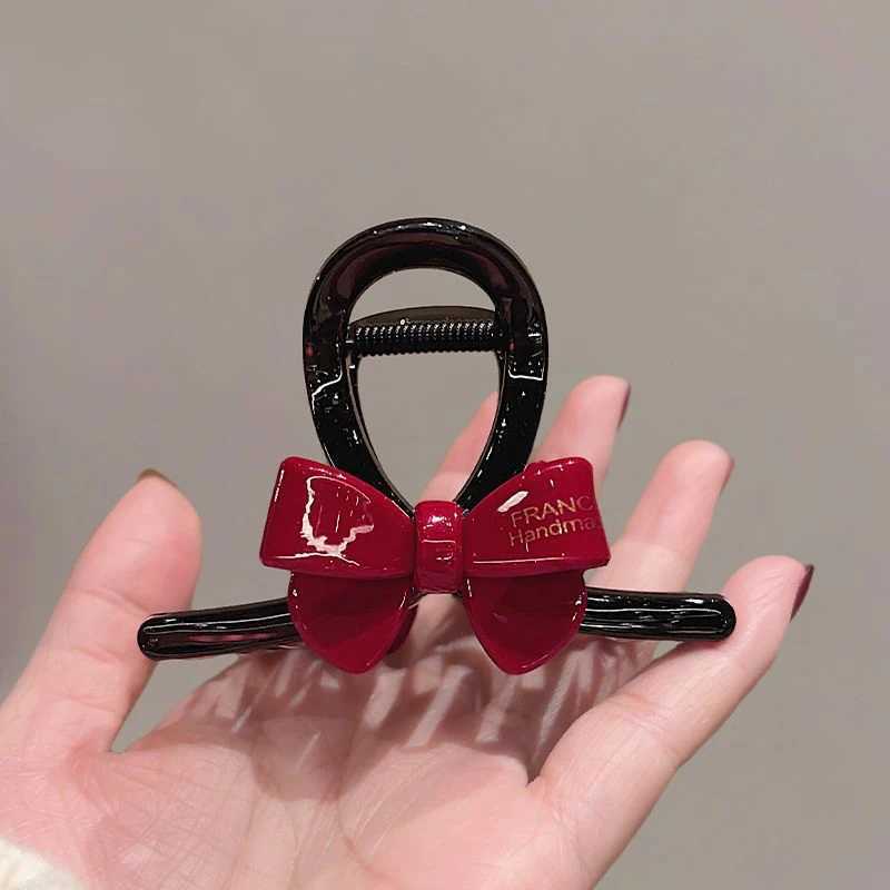 1pc Korean contrasting bow medium shark clip fashionable hot stamping letters half tied hair clip hair clip Z250707