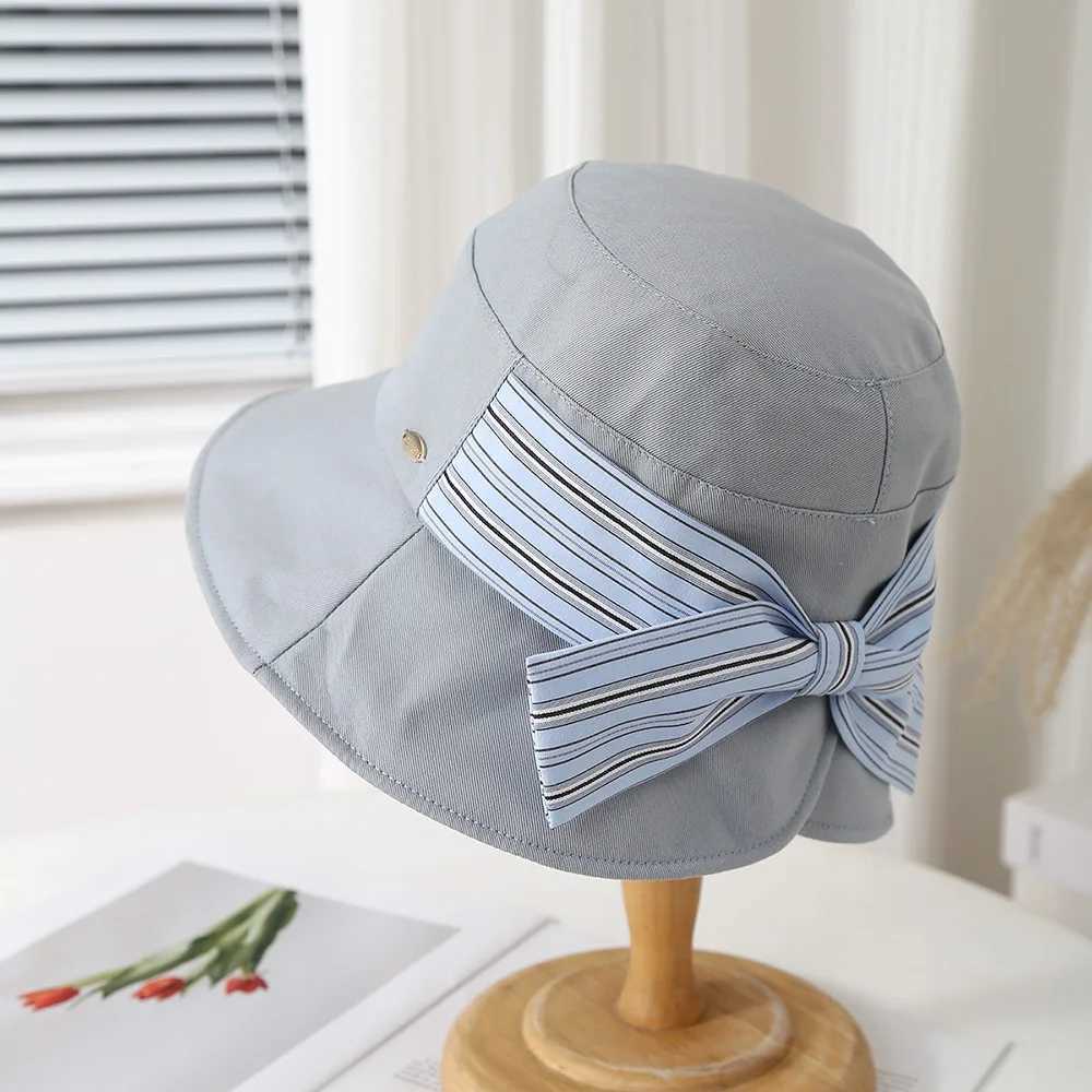 Korean Style Bucket Hat Women Thin Striped Bow Fisherman Hat Womens Spring And Summer All-match Sunshade Sun-protection Folding Y250707