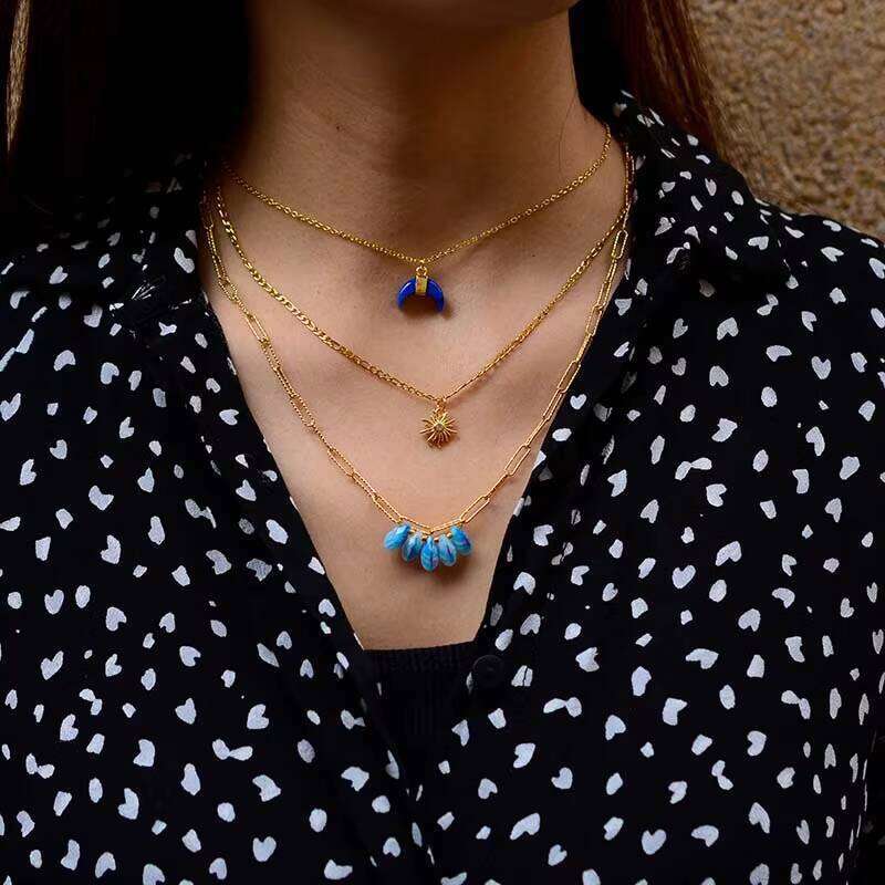 Lapis Lazuli Bohemian Pendant Copper Chain 3-Layer Necklace