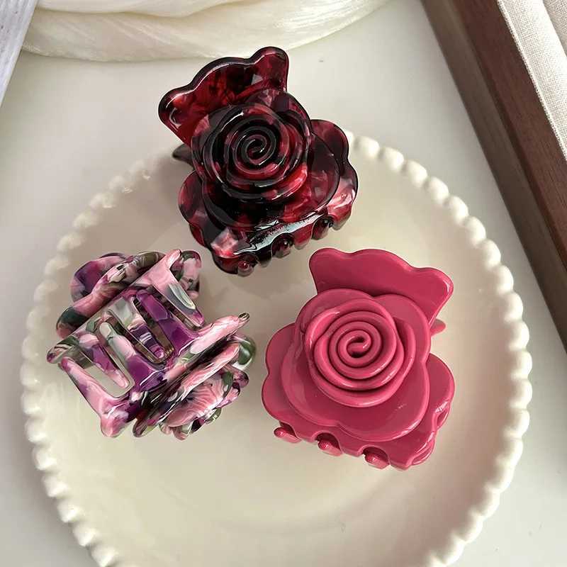 Muweordy French Vintage Rose Hair Claw Acetate Claw Clip Small Stereoscopic Flower Hair Clip for Girls Hair Accessories for Women Y250707