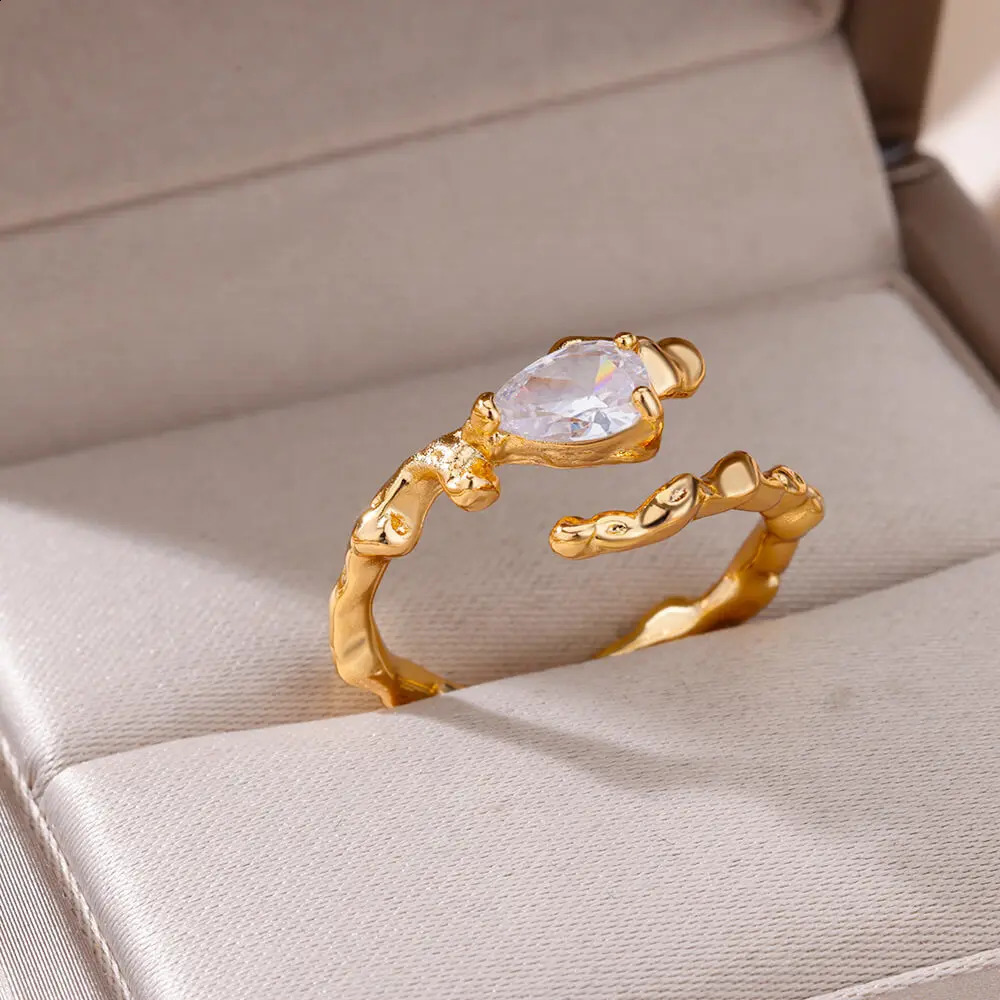 Water Drop Zircon Texture Rings For Women Gold Plated Stainless Steel Adjustable Ring 2023 Trend Wedding Aesthetic Jewelry Gift 250624