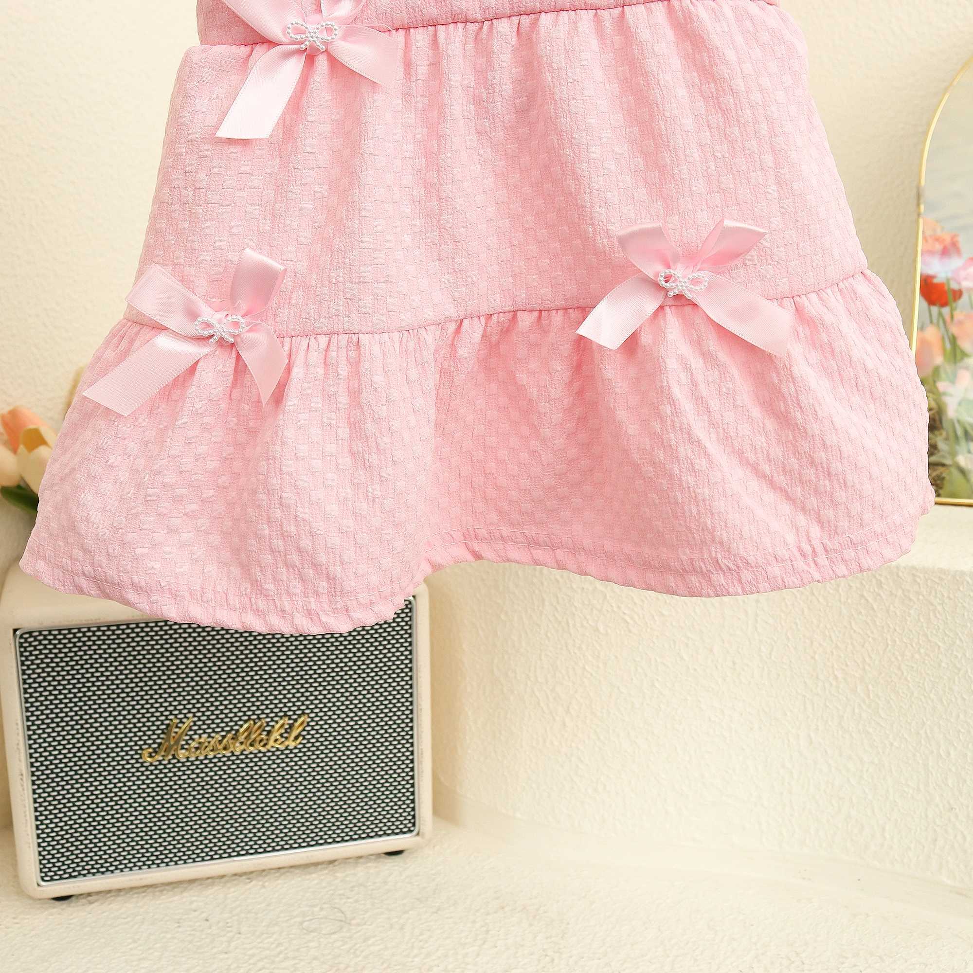 Summer Baby Girl Dresses New Short Sleeved Sweet Toddler Dress Solid Color Bow Plaid Imitation Two Pieces Baby Clothes R250707