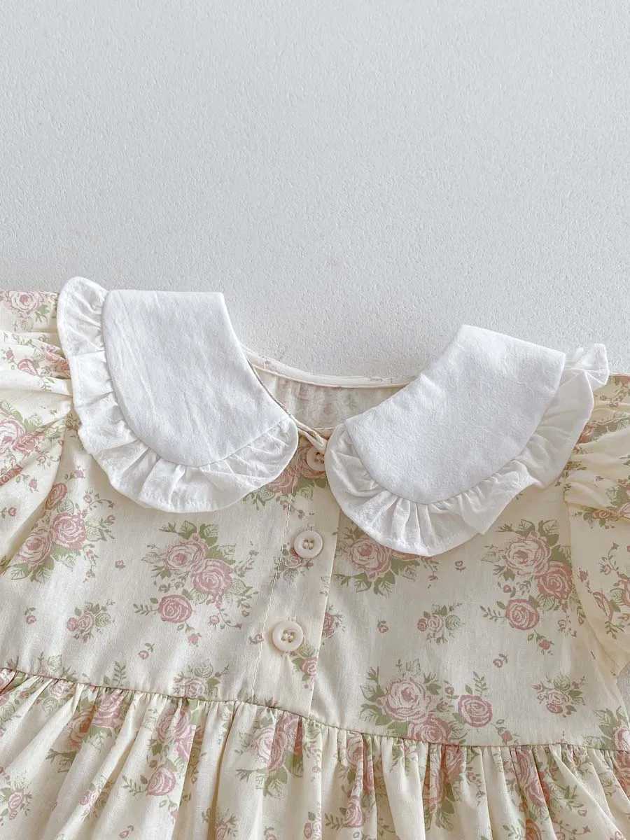 Summer Baby Girl Clothes Newborn Romper Peter Pan Collar Floral Cotton Short Sleeve Baby Bodysuit 0-24 Months R250707