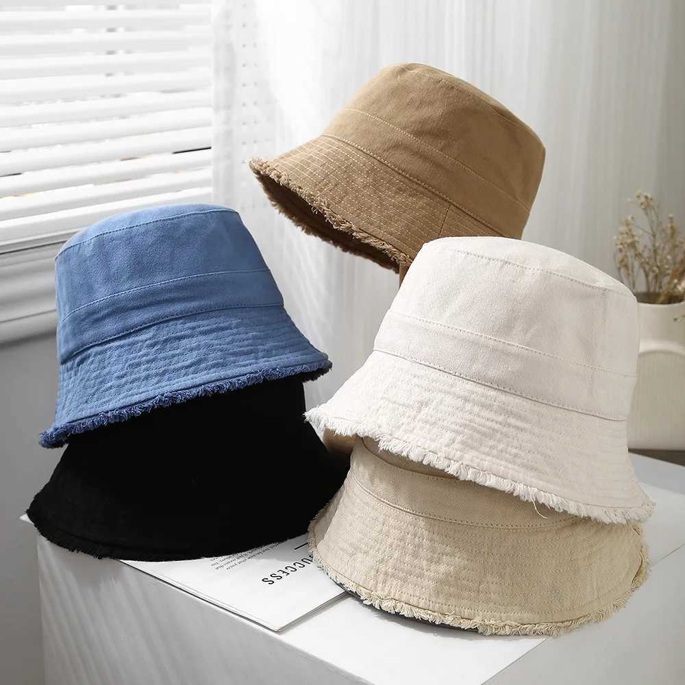 Bucket Hat Women Spring Summer Cloth Tassel Brim Flat Top Sun Hat Women Outdoor Sunshade Solid Foldable Casual New Y250707