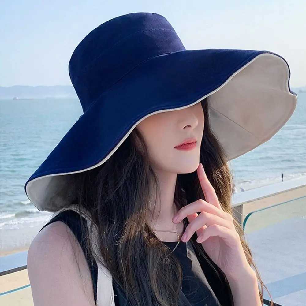 Anti-UV Big Brim Sunscreen Hats Caps Fisherman Cap Double-sided Foldable Bucket Hat for Women Girls Summer Sun Hat Visor Y250707