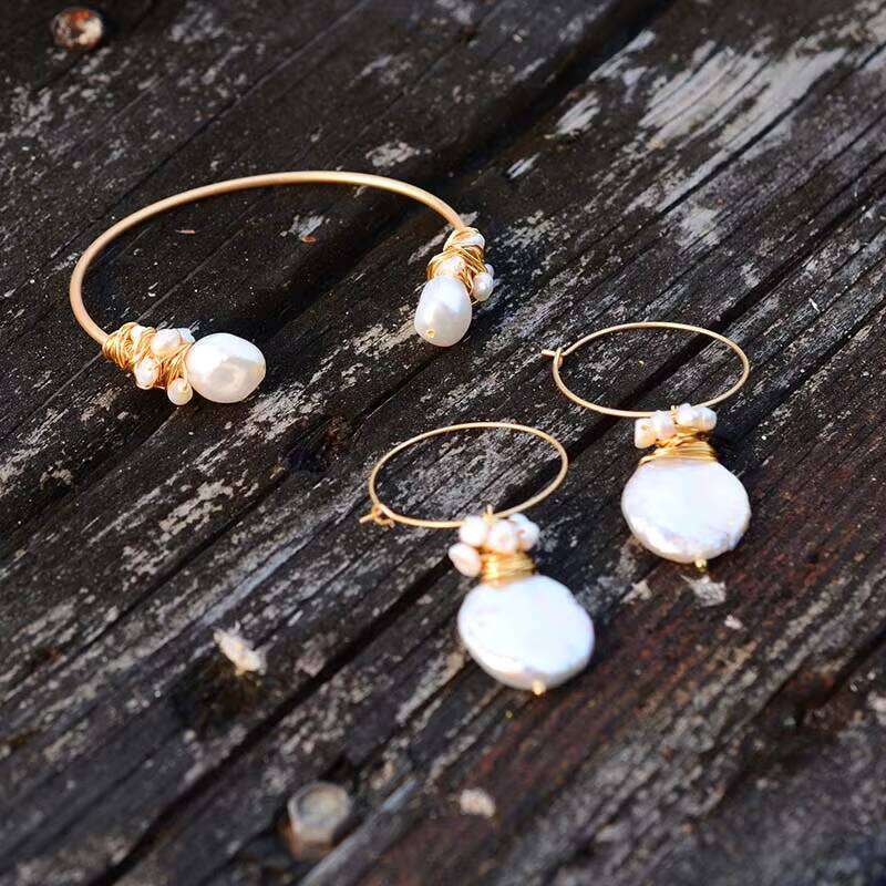White Natural Pearl Gold Circle Cuff Bracelet & Earrings Women's Gift Jewelry Drop